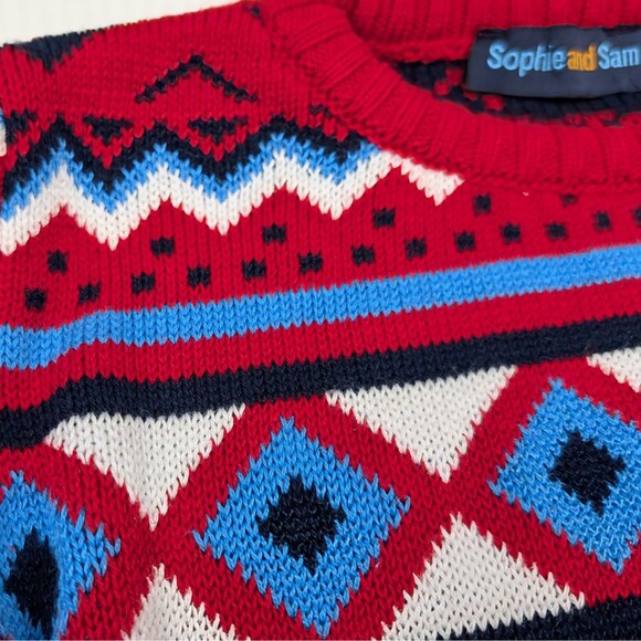 Sophie and Sam Boys 4T Fair Isle Sweater 100% Cotton Red Blue Crew Neck Pullover - Picture 3 of 8